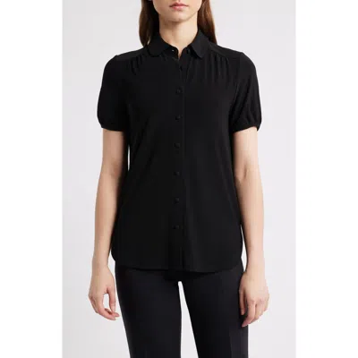 Anne Klein Collared Short Sleeve Button-up Shirt In Black