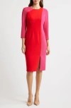 Anne Klein Colorblock Three-quarter Sleeve Sheath Dress In Red
