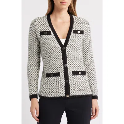 Anne Klein Contrast Trim Tweed Cardigan In Gray