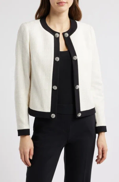 Anne Klein Contrast Trim Tweed Cardigan In White Dove/anne Black