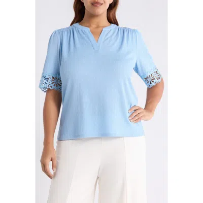 Anne Klein Crepe Lace Trim Top In Blue