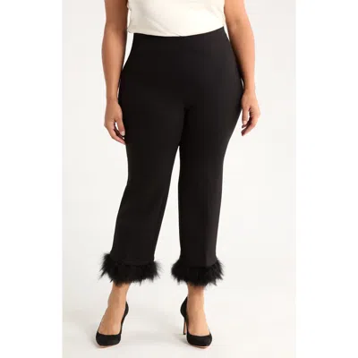 Anne Klein Crop Feather Trim Pull-on Pants In Black