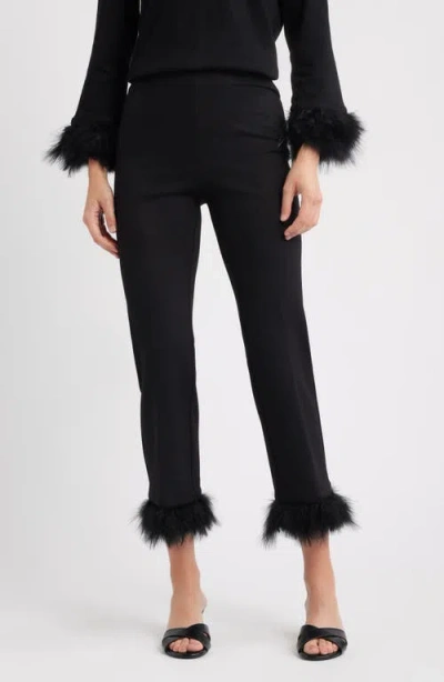 Anne Klein Crop Feather Trim Pull-on Pants In Black