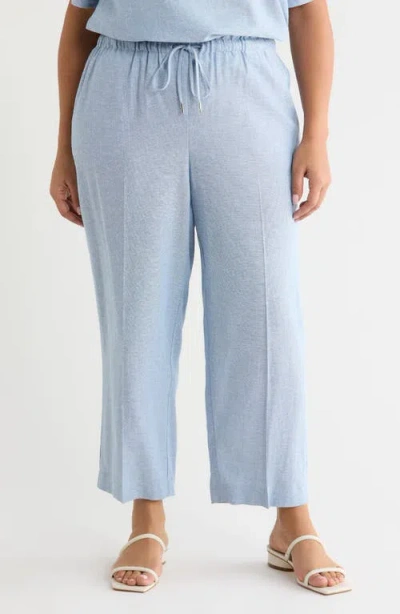 Anne Klein Crop Wide Leg Drawstring Linen Blend Pants In Blue