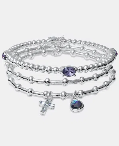 Anne Klein Cross Charm Stretch Bracelets, 3-piece Set In Metallic
