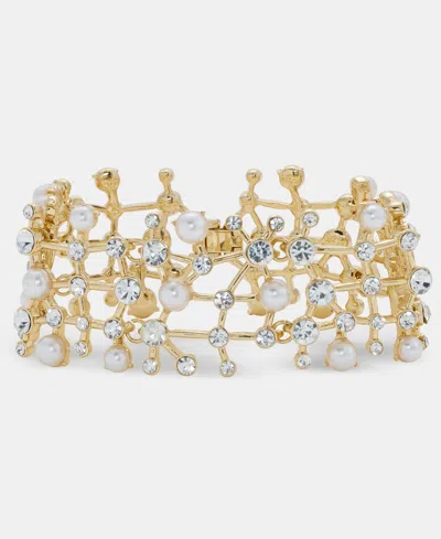 Anne Klein Crystal & Imitation Pearl Cluster Flex Bracelet In Gold