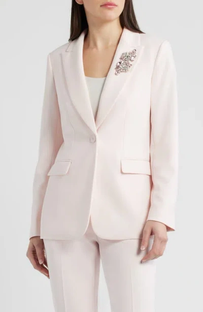 Anne Klein Crystal Brooch One Button Blazer In Pink