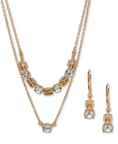 Anne Klein Crystal Drop Earrings & Two-row Necklace, 16" + 3" Extender In Gold