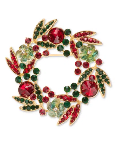 Anne Klein Crystal Gold-tone Floral Wreath Pin In Multi