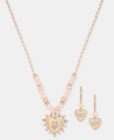 Anne Klein Crystal Heart Beaded Pendant Necklace & Drop Earrings Set In Gold