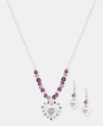 Anne Klein Crystal Heart Beaded Pendant Necklace & Drop Earrings Set In Purple