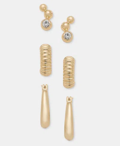Anne Klein Crystal Stud & Hoop Earrings, 3-piece Set In Gold