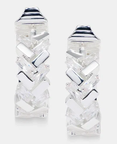 Anne Klein Cubic Zirconia 20mm Baguette Silver-tone Clip-on Hoop Earrings