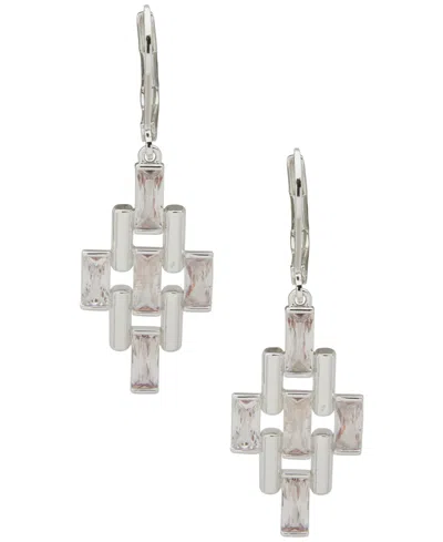 Anne Klein Cubic Zirconia Silver-tone Baguette Stone Bar Drop Earrings In Metallic