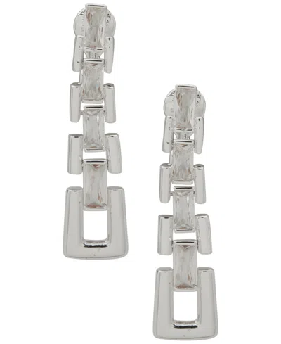 Anne Klein Cubic Zirconia Stone Link Linear Ez Comfort Clip Earrings In Silver