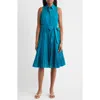Anne Klein Diamond Detail Sleeveless Tie Waist Shirtdress In Blue