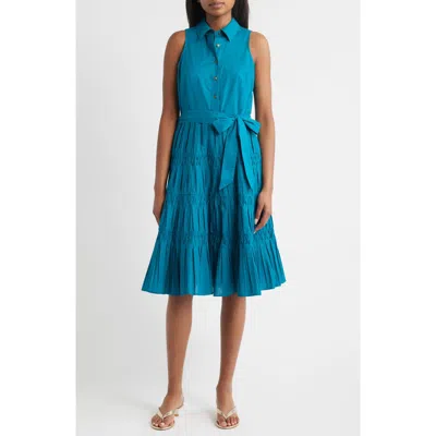 Anne Klein Diamond Detail Sleeveless Tie Waist Shirtdress In Blue