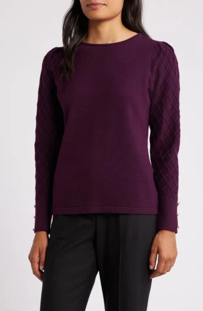 Anne Klein Diamond Stitch Sleeve Button Cuff Sweater In Deep Plum