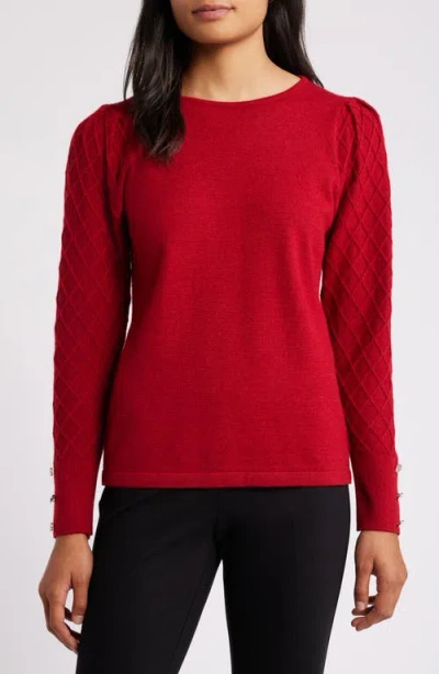 Anne Klein Diamond Stitch Sleeve Button Cuff Sweater In Titian Red