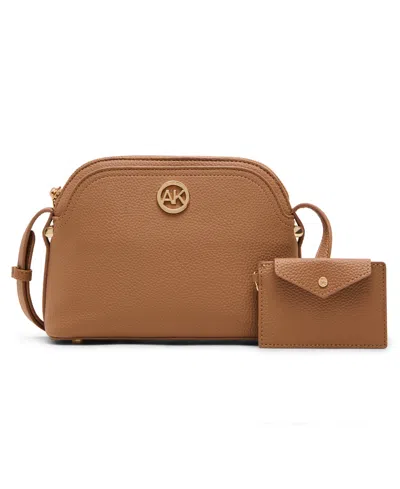 Anne Klein Dome Zip Top Detachable Card Case Crossbody Bag In Brown