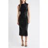 Anne Klein Draped Sleeveless Sequin Sheath Midi Dress In Black
