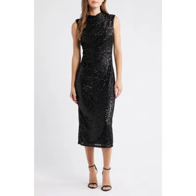 Anne Klein Draped Sleeveless Sequin Sheath Midi Dress In Black