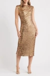 Anne Klein Draped Sleeveless Sequin Sheath Midi Dress In Gold