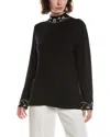 Anne Klein Embellished Bracelet Sleeve Mock Neck Sweater In Black
