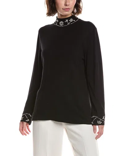 Anne Klein Embellished Bracelet Sleeve Mock Neck Sweater In Black