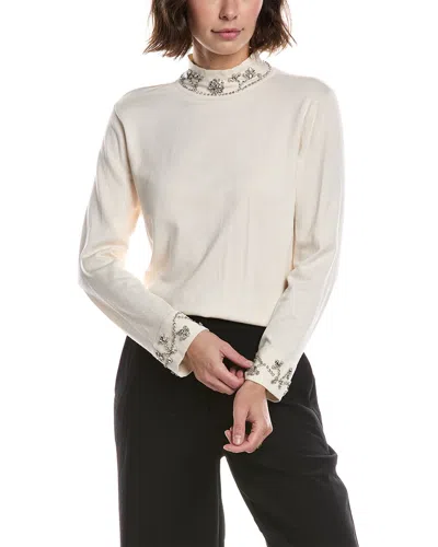 Anne Klein Embellished Bracelet Sleeve Mock Neck Sweater In White