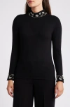 Anne Klein Womens Embellished Viscose Mock Turtleneck Sweater In Anne Black