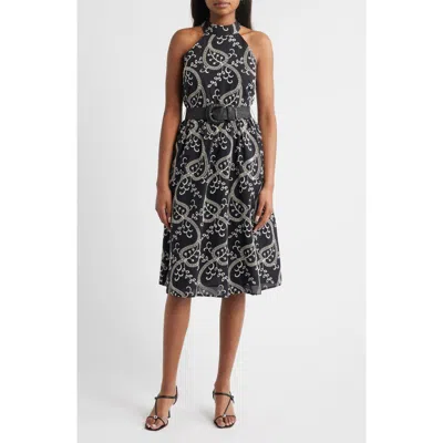 Anne Klein Embroidered Belted Cotton Midi Dress In Gray