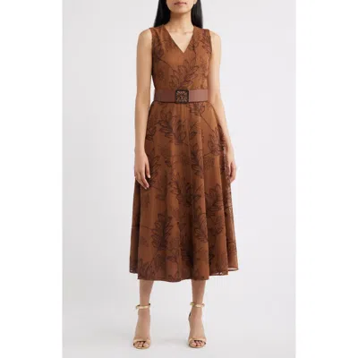 Anne Klein Embroidered Belted Fit & Flare Midi Dress In Brown
