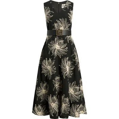 Anne Klein Embroidered Belted Midi Dress In Black