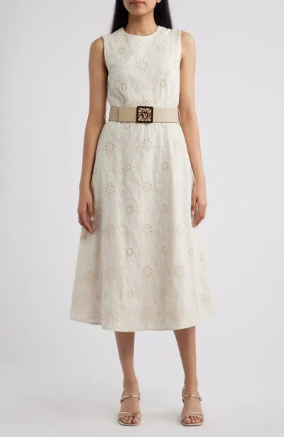 Anne Klein Embroidered Belted Sleeveless Midi Dress In White