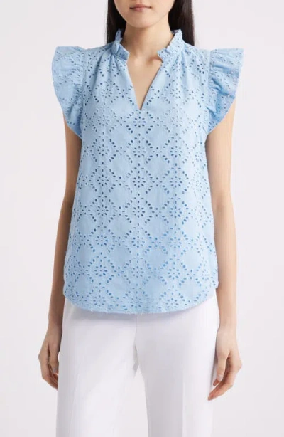 Anne Klein Embroidered Cotton Eyelet Top In Blue