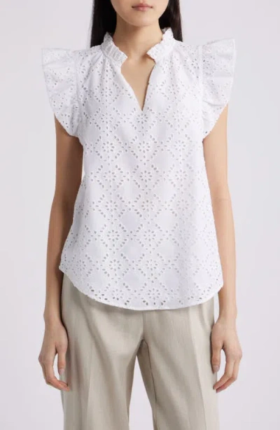 Anne Klein Embroidered Cotton Eyelet Top In White