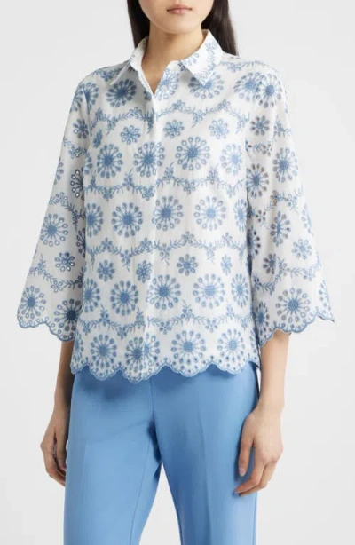 Anne Klein Embroidered Eyelet Cotton Button-up Shirt In Blue