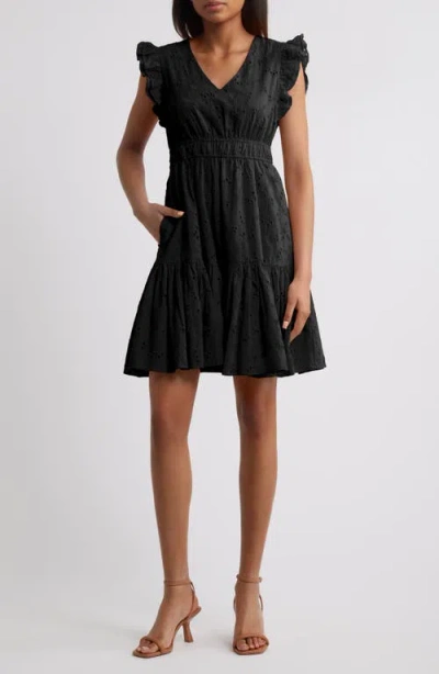Anne Klein Embroidered Eyelet Cotton Ruffle Dress In Black