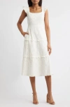 Anne Klein Embroidered Eyelet Cotton Tiered Midi Dress In Pearl White