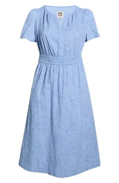 Anne Klein Plus Size Embroidered-eyelet Short-sleeve Midi Dress In Blue