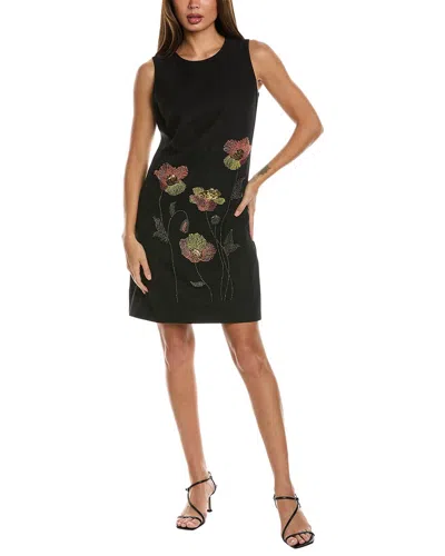 Anne Klein Floral Bead Embroidered Sleeveless Shift Dress In Black