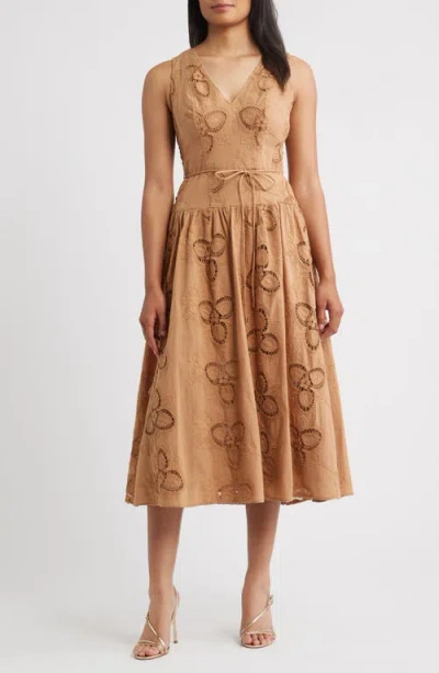 Anne Klein Embroidered Sleeveless Midi Dress In Brown