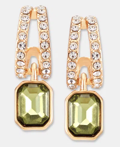 Anne Klein Emerald-cut Stone Charm Pave Huggie Hoop Earrings In Green