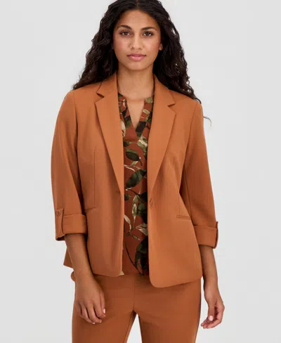 Anne Klein Essentials Petite Knit Roll Tab Blazer Elbow Sleeve Split Neck Top Petite Pull On Knit Trousers In Brown