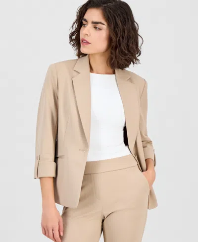 Anne Klein Essentials Ak Anne Klein Petite 3/4-sleeve One-button Blazer In Brown
