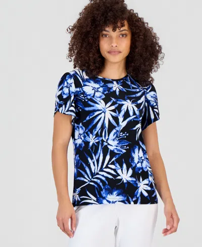 Anne Klein Essentials Ak Anne Klein Petite Crewneck Short-sleeve Printed Top In Anne Black,blue Multi