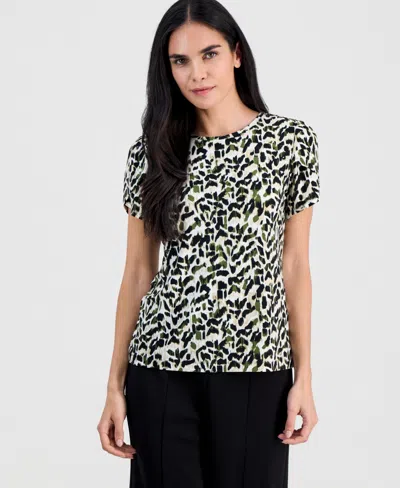 Anne Klein Essentials Ak Anne Klein Petite Crewneck Short-sleeve Printed Top In Multi