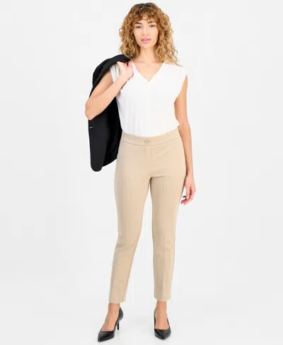 Anne Klein Essentials Ak Anne Klein Petite Mid-rise Straight-leg Pants In Brown