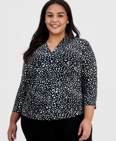 Anne Klein Essentials Ak Anne Klein Plus Size Printed Long-sleeve Top In Anne Black